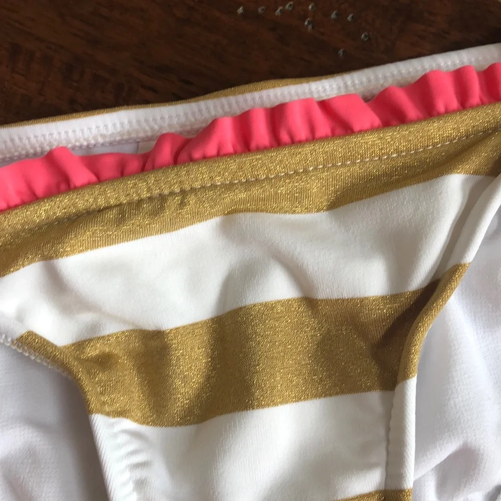 Xhilaration Women's Junior's Gold White Striped Bikini Swimsuit Set Pink Size M